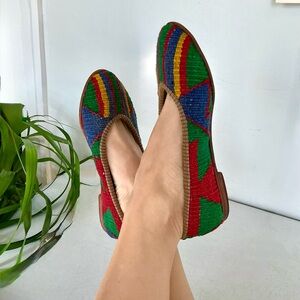 Vintage RARE Designer Handmade Kilim Loafers, sterling and carnelian details!